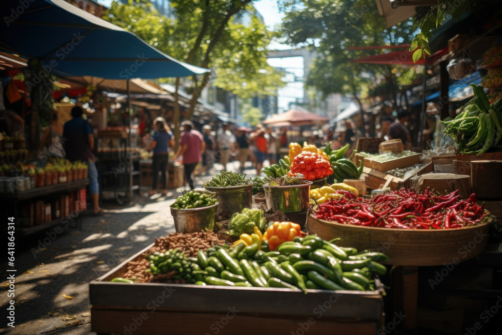 A vibrant street market buzzes with activity, becoming a hub for community members to explore local goods and engage with each other. Generative Ai.