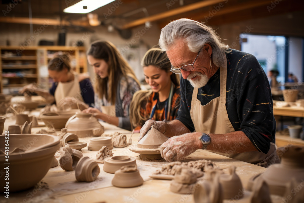 A community center hosts a pottery class, fostering creativity and camaraderie among participants in a versatile third space. Generative Ai. - obrazy, fototapety, plakaty 