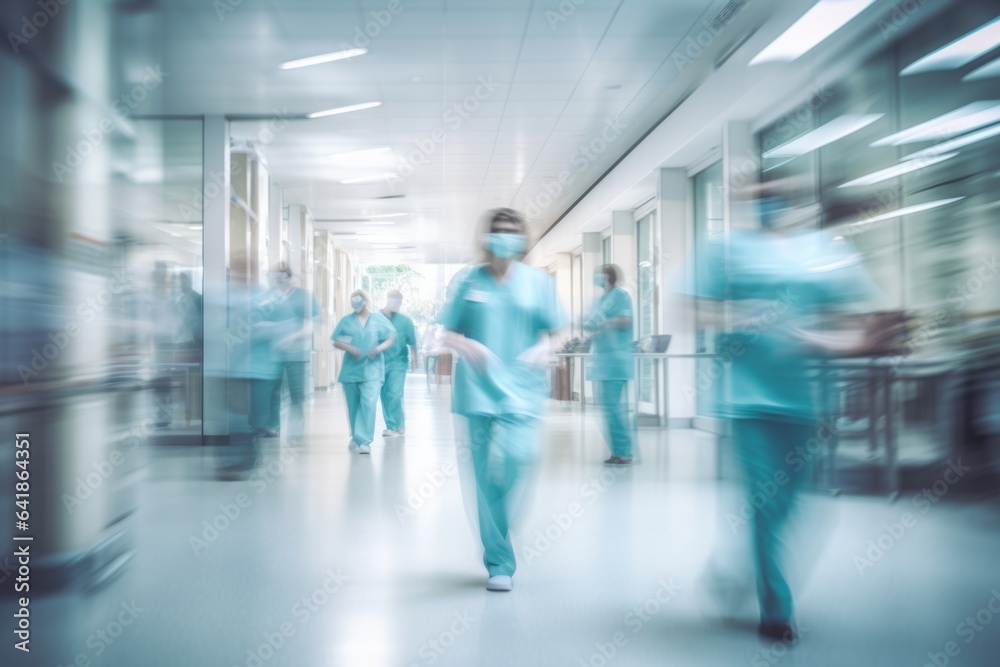Abstract long exposure of a hospital corridor with doctors and nurses walking