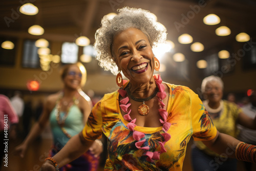 A group of seniors participates in a dance class at a recreation center  forming connections and finding joy in a welcoming third space. Generative Ai.