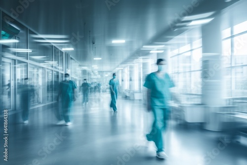 Abstract long exposure of a hospital corridor with doctors and nurses captured in motion