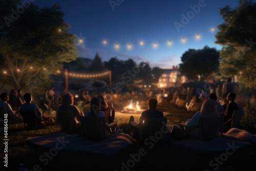 A community park hosts outdoor movie nights, turning a grassy area into an inviting third space for families and friends. Generative Ai.