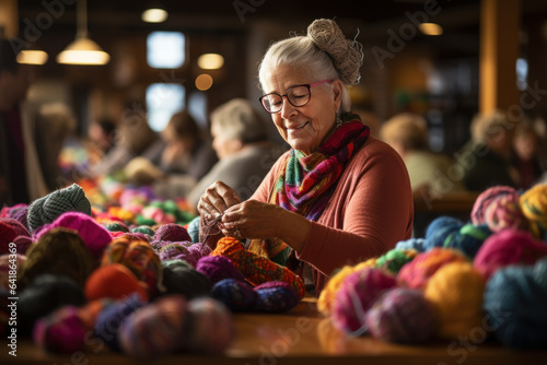 A person participates in a knitting circle at a community center, forging connections and creating a sense of belonging in a creative third space. Generative Ai.