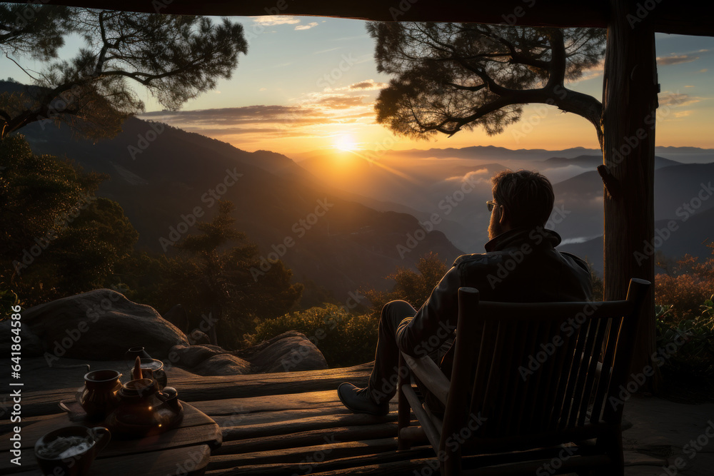 A person captures the stunning sunset view from a co-owned mountain retreat, underscoring the unique experiences facilitated by fractional ownership. Generative Ai.