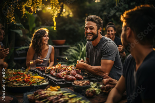 A group of co-owners enjoys a barbecue in the backyard of their shared property, strengthening the sense of camaraderie and community. Generative Ai.