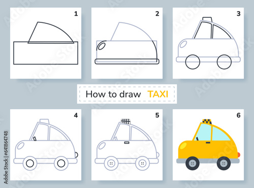 Drawing lesson for kids. How to draw taxi. 
