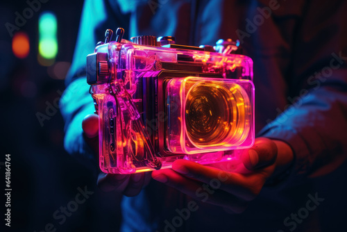 A person holds a polaroid camera with a neon-colored strap, capturing the essence of nostalgia and the Y2K aesthetic. Generative Ai.