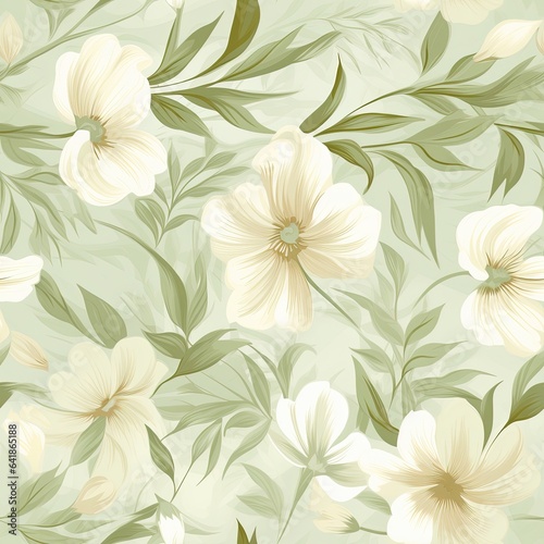 Oil painting floral seamless pattern in shades of pastel green and cream colors.