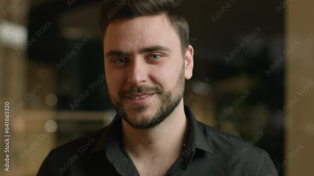 Male business portrait Caucasian adult guy smiling millennial man 30s successful businessman employer professional entrepreneur executive CEO leader investor chief glad looking at camera candid smile