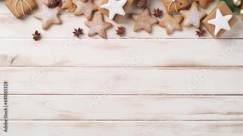 Cozy scene of Christmas cookies, gift box, decoration, on a wooden table with space for text. Generative AI