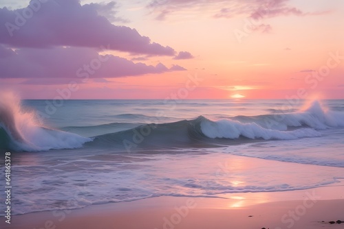 serene beach sunset with pastel hues and gently crashing waves
