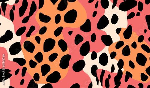 Vibrant seamless leopard print with black-pink shapes, inspired by 60s-70s. Ideal for fashion/home decor. 