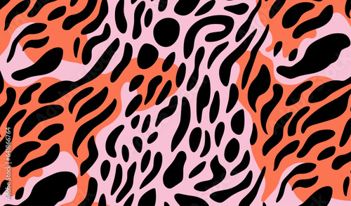 Bright seamless pattern with leopard print  adorned by contrasting black-pink shapes. Embrace the 60s-70s style for fashion and home decor. 