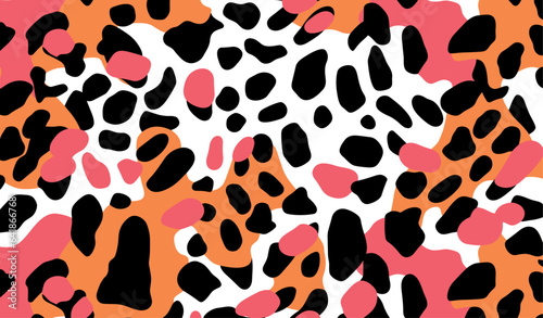 Bright seamless pattern with leopard print and artistic black-pink shapes. Inspired by the 60s-70s, perfect for clothing and home decor. 