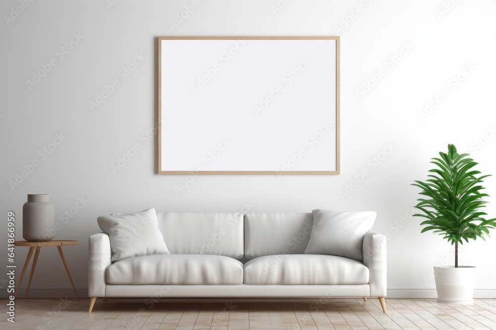 Scandinavian living room interior with blank frame mock up on wall with minimalist furniture couch blanket white Scandinavian living room interior with blank frame mock up on wall with minimalist furniture couch blanket white
