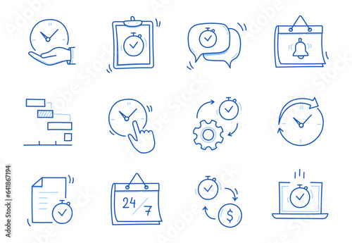 Time, calendar doodle line icon set. Hand drawn doodle sketch line style business time management, project deadline concept. Alarm clock, calendar, stopwatch cute elements. Vector illustration
