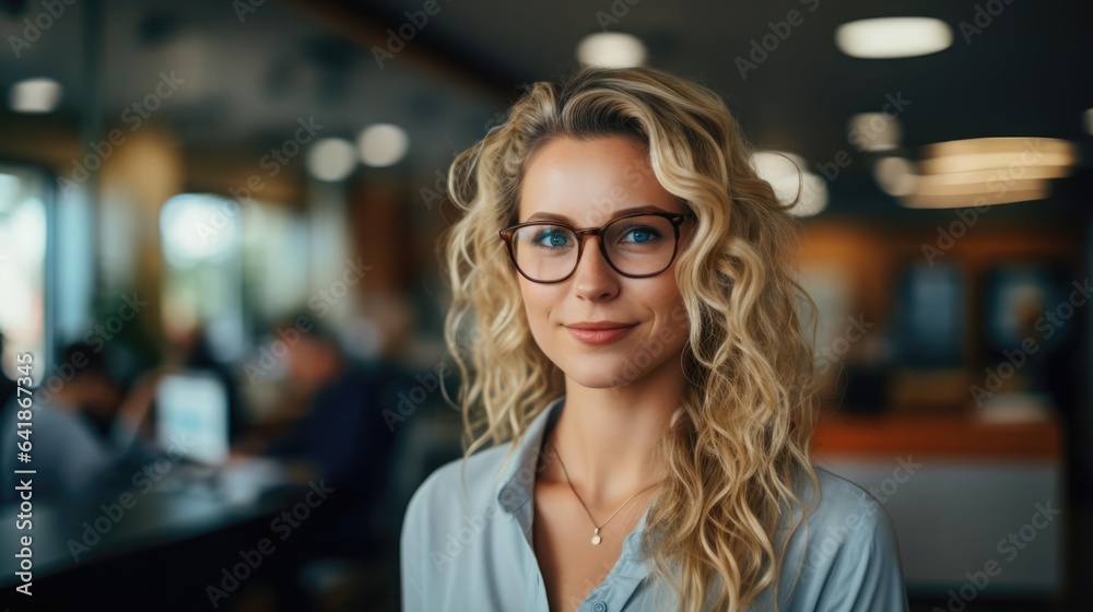 confident blonde woman professional in casual dress in an accounting office confident blonde woman professional in casual dress in an accounting office