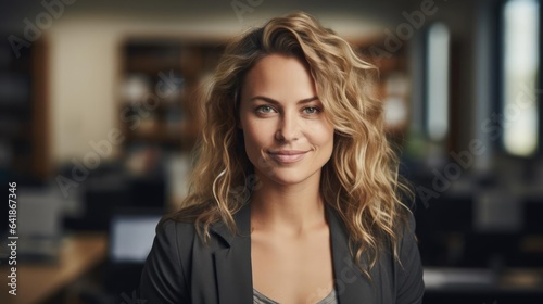 confident blonde woman professional in casual dress in an accounting office