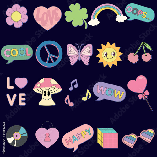 Big set of stickers, patches, badges in cartoon comic style of 80s-90s. Retro print with hippie elements. Hippie style lettering.Vector illustration.