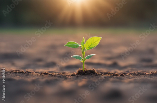 Young plant with dawn light on the ground