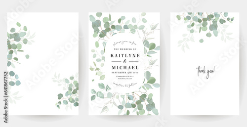 Herbal eucalyptus selection vector frames. Hand painted branches  leaves on white background. Greenery wedding