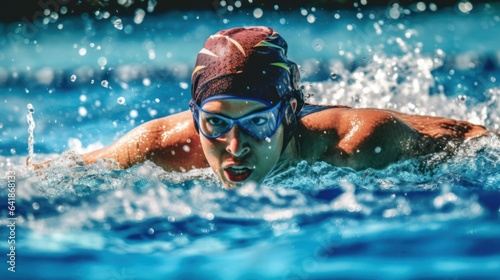 A swimmer competing in a relay race dives in the pool.