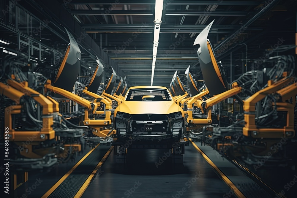 Production line of a car manufacturing plant, robotic arms assemble a car on a conveyor belt