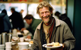 positive homeless man with a smile, a homeless cafe