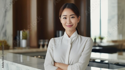 portrait of professional asian receptionist in formal dress standing behind marble reception table