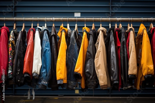 Colorful rain jackets hanging on a clothes rack in a fashion store