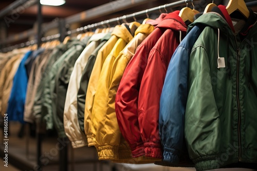 jackets and other clothing hanged on rack at an outdoor market