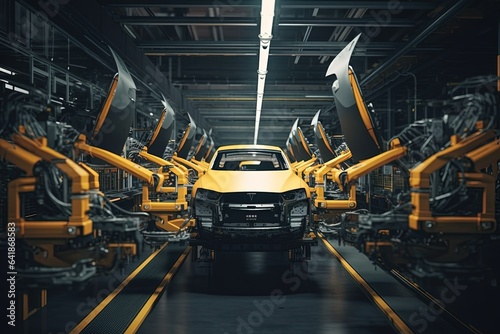 Production line of a car manufacturing plant, robotic arms assemble a car on a conveyor belt © marikova