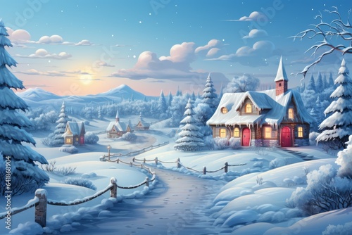 House in winter in the style of a holiday card. Merry christmas and happy new year concept. Background