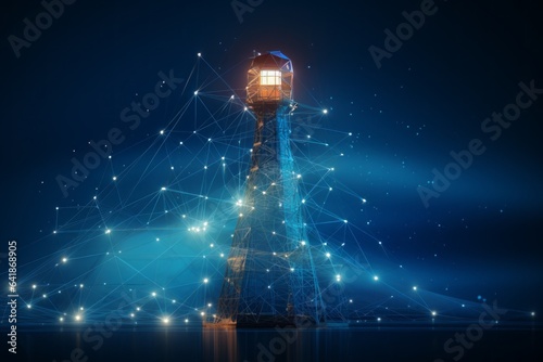 Abstract information transmission tower or lighthouse as a symbol. Background with selective focus and copy space