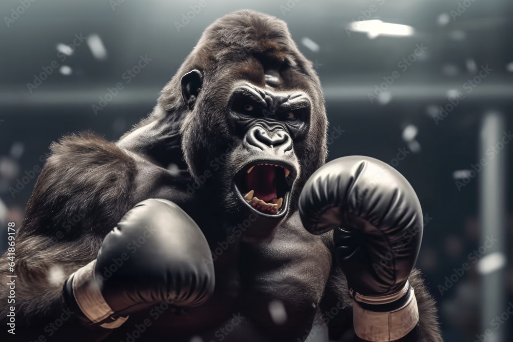 Angry gorilla fighting with boxing gloves. Studio shot over dark background. Strength and motion concept.
