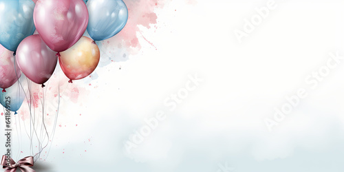  illustration of colorful balloons with ribbons on light background. Holiday concept. Free Space
