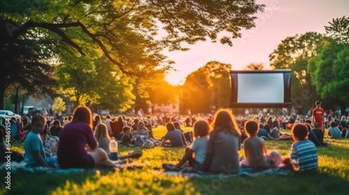 People gather for movie night in a park.