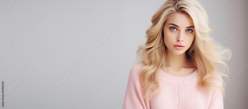 Young Girl blonde in knitted warm sweater portrait isolated on flat background with copy space. Knitted natural clothing store banner template. Autumn fashion collection.  - obrazy, fototapety, plakaty 
