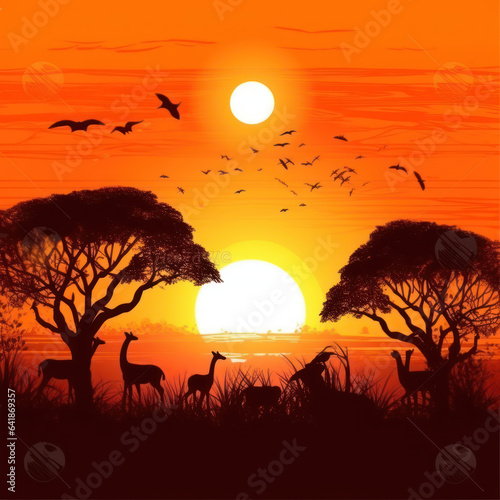 the sun is creating silhouettes on a savanna 