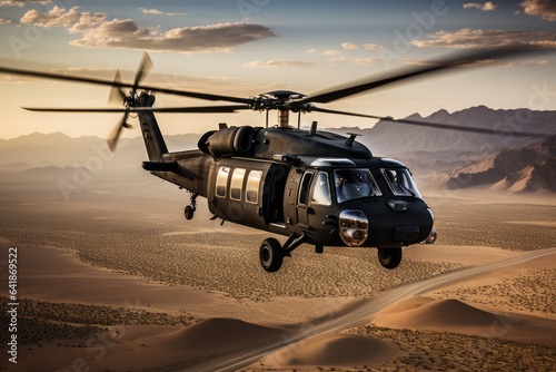 Combat military helicopter. Powerful heavy equipment of landing troops or special forces. Background