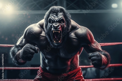 AAngry gorilla fighting with boxing gloves. Gorilla in the boxing ring. 