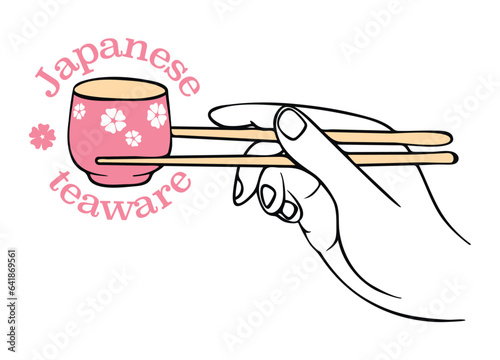 Japanese teaware shop logotype template with hand and chopsticks 
