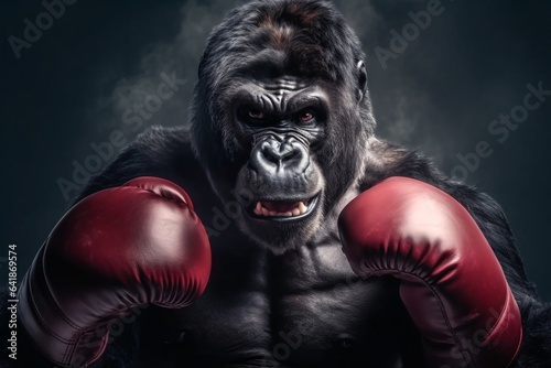 Angry gorilla fighting with boxing gloves. Studio shot over dark background. Strength and motion concept.  © vachom