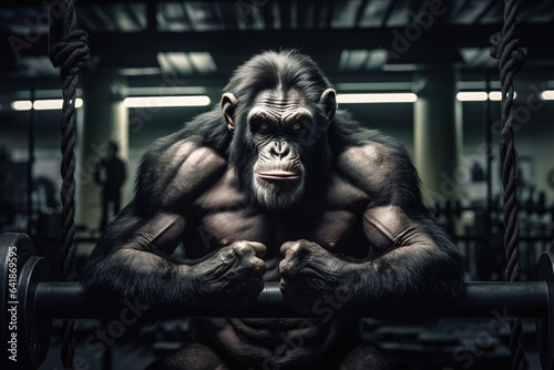 Portrait of a strong gorilla in a gym. Angry gorilla in the fitness room. Studio shot over dark background. Strength and motion concept. 
