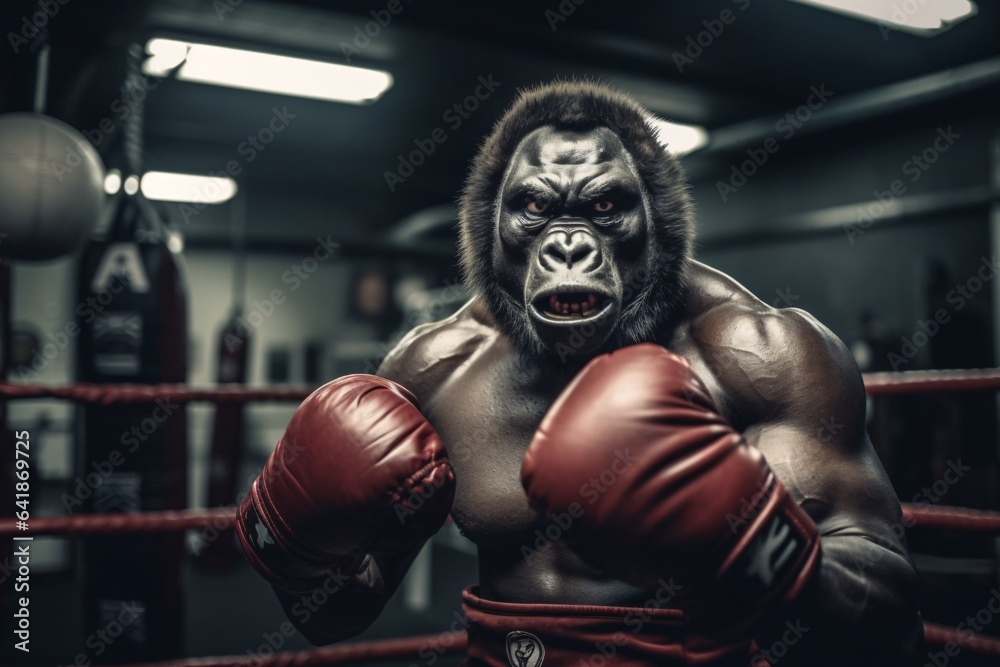 Angry gorilla fighting with boxing gloves. Gorilla in the boxing ring. 