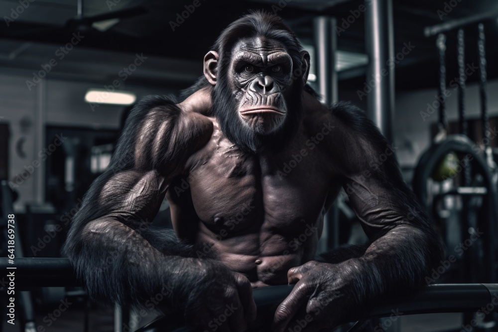 Portrait of a strong and fit chimpanzee in a gym. Angry gorilla in the fitness room. Studio shot over dark background. Strength and motion concept.
