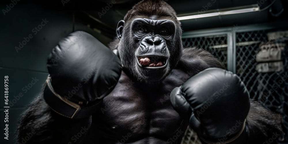 Angry gorilla fighting with boxing gloves. Studio shot over dark background. Strength and motion concept.
 - obrazy, fototapety, plakaty 