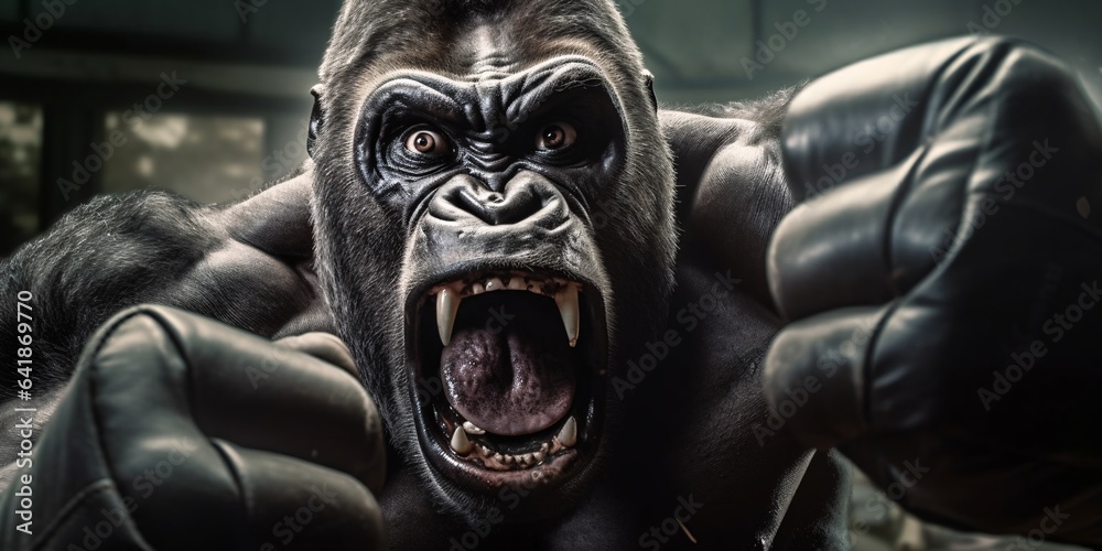 Angry gorilla fighting with boxing gloves. Studio shot over dark background. Strength and motion concept.
Angry gorilla fighting with boxing gloves. Studio shot over dark background. Strength and motion concept.