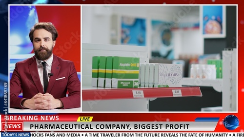 Pharmaceutical industry healthcare newscast presented by news anchor and discussing about medicine development. Drugstores experiencing profit growth, breaking news live reportage. photo