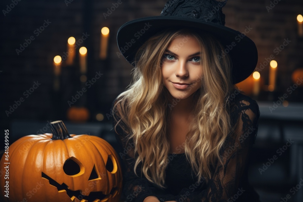 Woman in witch costume for halloween party. Halloween concept. Background with selective focus and copy space Woman in witch costume for halloween party. Halloween concept. Background with selective focus and copy space